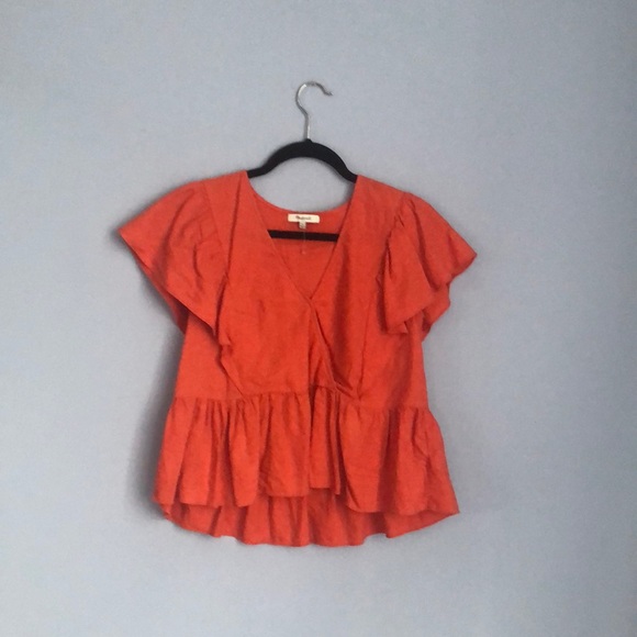 ⭕️ PRICE FIRM Madewell Size XS Orange Linen Blend Ruffle Top - Picture 2 of 5